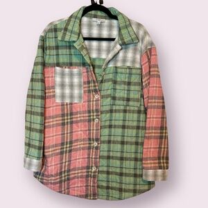 Polagram Flannel Quilted Mixed Plaid Jacket Pink green Gray Size Medium